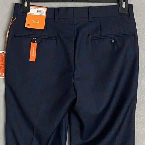 Tallia Men's 30x30 Suit Pant Vane Stretch Wool Blend Navy & Brown Check NEW